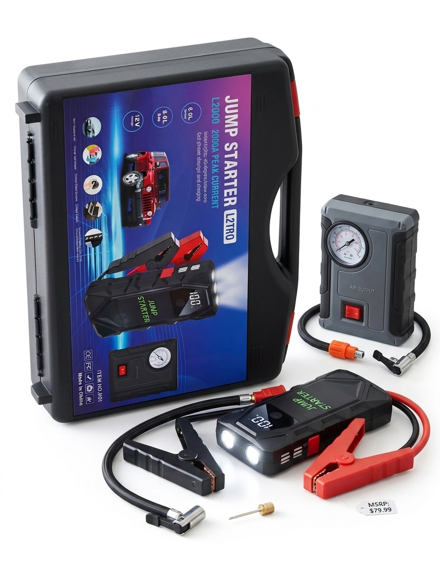 Jump Starter & Tire Inflator Box Set | 2000A Peak | Complete Emergency Kit